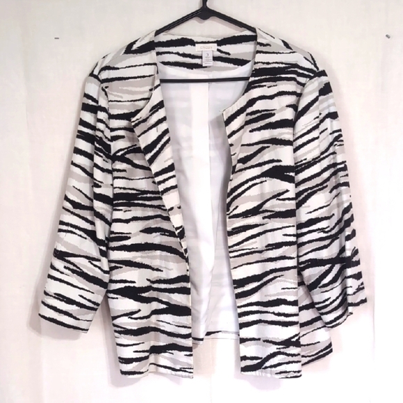 Chicos White Silver Black Zebra Open Front Blazer Size 3 - XL - Picture 1 of 3